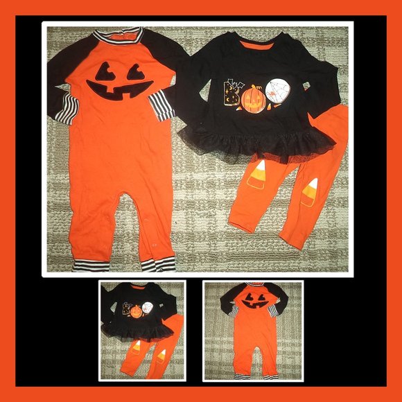 Cat & Jack Other - CLOTHES LOT HALLOWEEN OUTFITS PUMPKIN ROMPER TOP & PANTS-BABY GIRLS SIZE 12 MO.